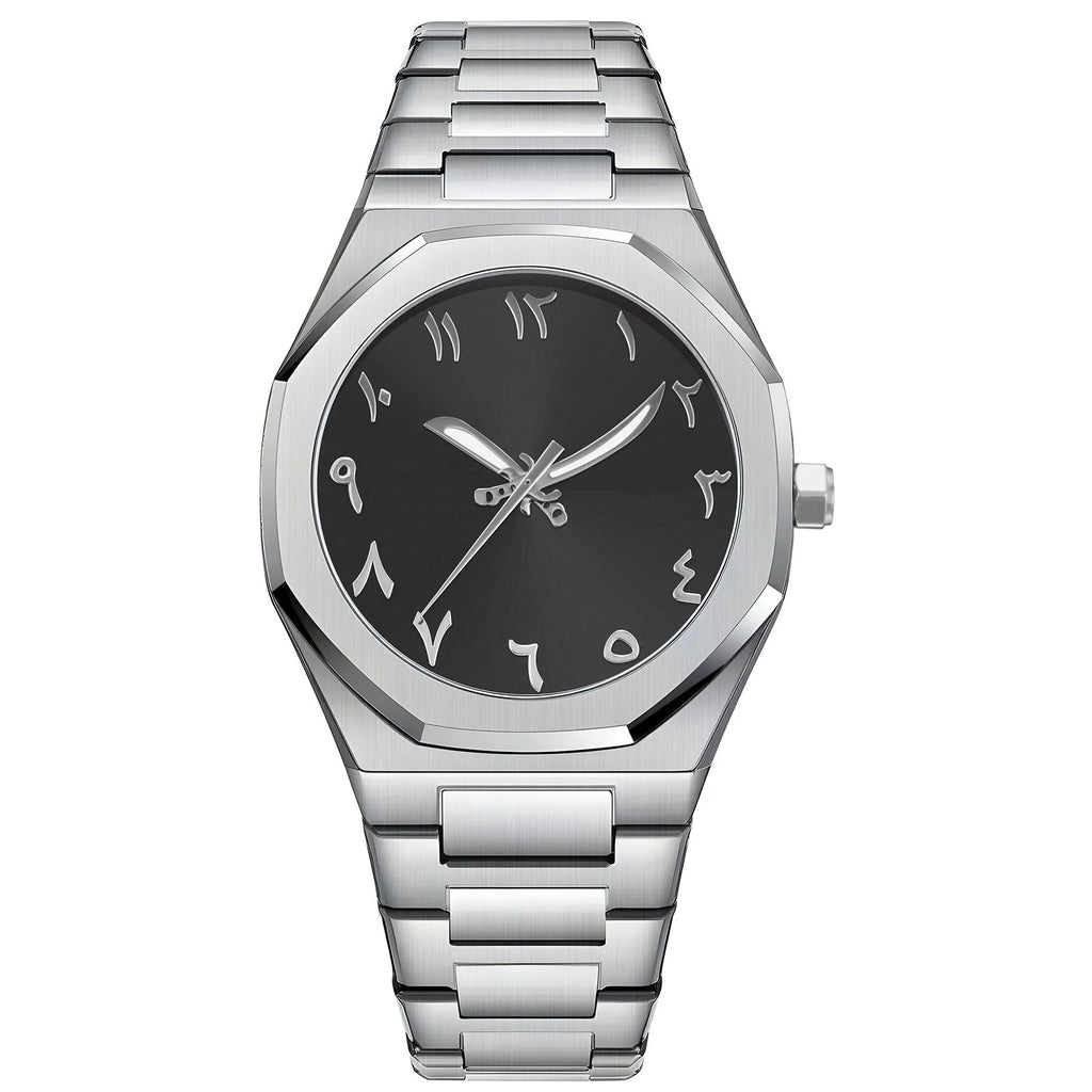 Men's steel belt business watch with quartz movement and 10mm thickness on wrist.