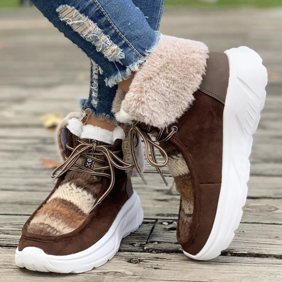 Women's lace-up snow boots in beige with thermal plush lining and rubber soles