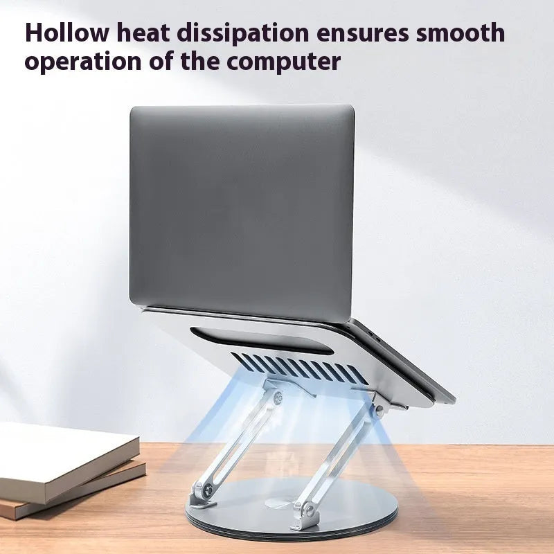 Silver aluminium laptop stand showing rotatable design and height adjustment mechanism