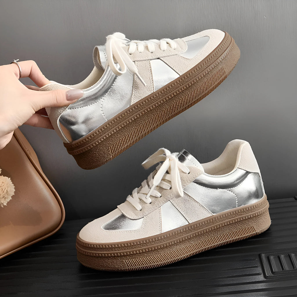 Retro round toe casual sports trainers in milky white with cross straps and lace-up front