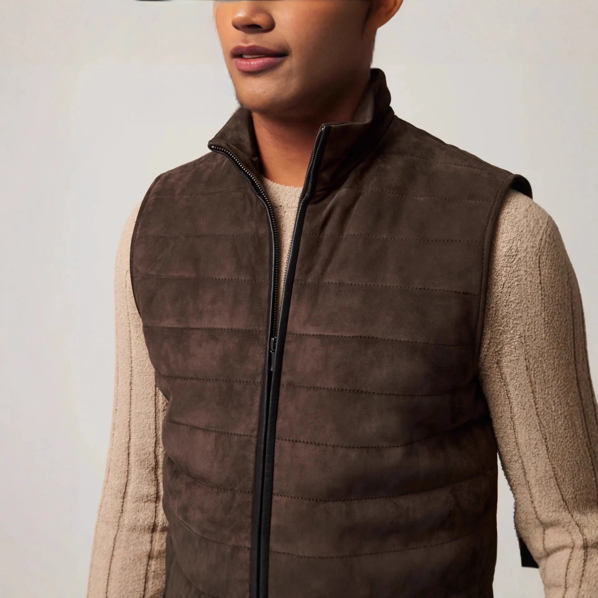 Leather style men's brown polyester vest jacket with horizontal stitching and straight hem