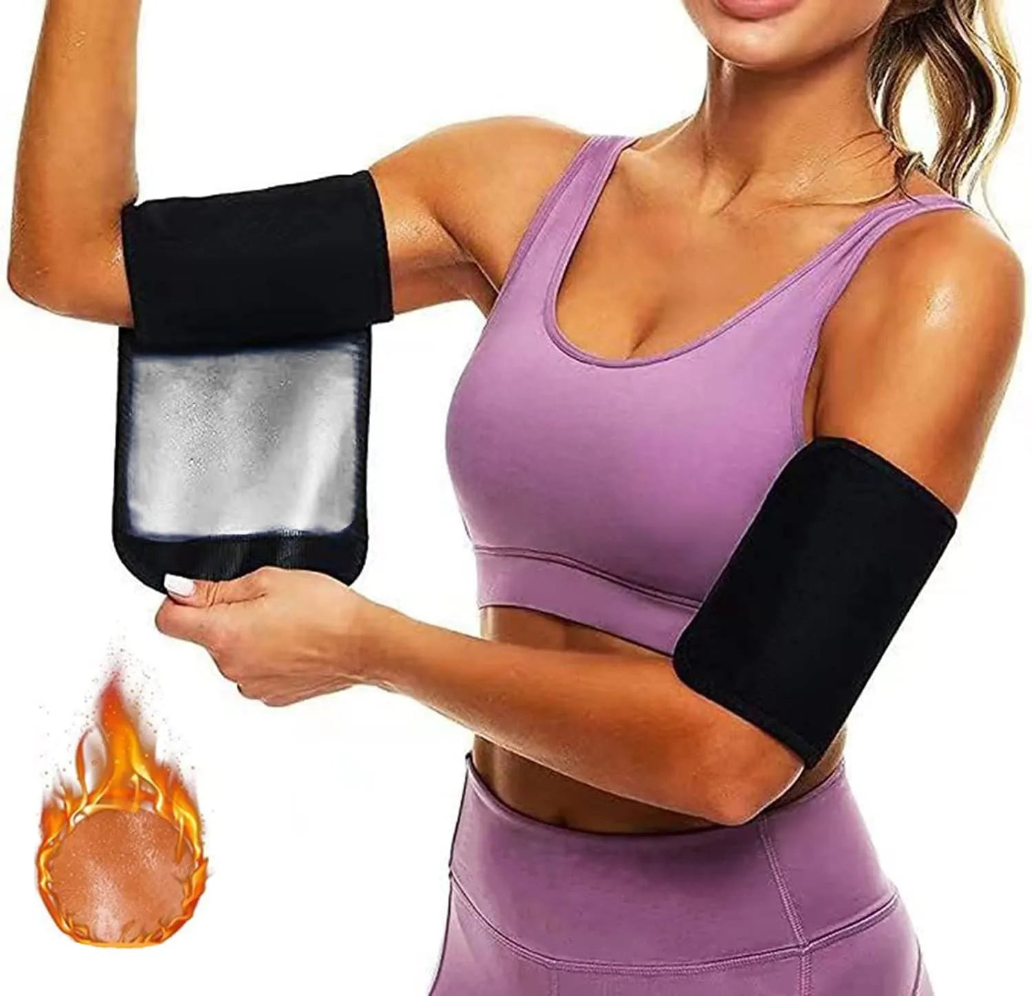 Blue compression arm band with a separate black wrist support strap laid flat.