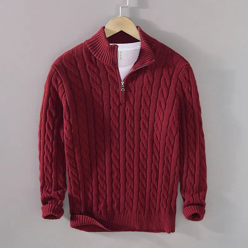 Men's cotton knitted zip pullover sweater in wine red - thick winter loose fit coat with front zip