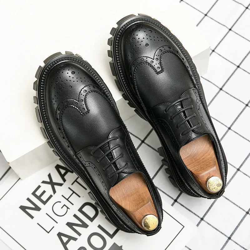 Men's black and brown business brogue shoes with round toe and artificial PU construction