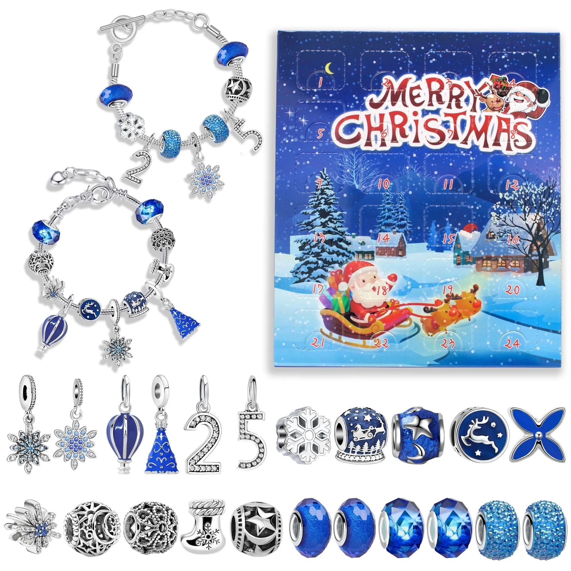 24 grid Christmas advent calendar countdown set with zinc alloy frame electroplated finish and bracelet blind box in flip vertical blue
