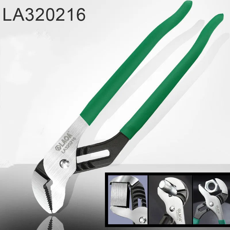 Adjustable water pipe wrench set showing four size options with CR-V steel construction and multi-gear adjustment mechanism