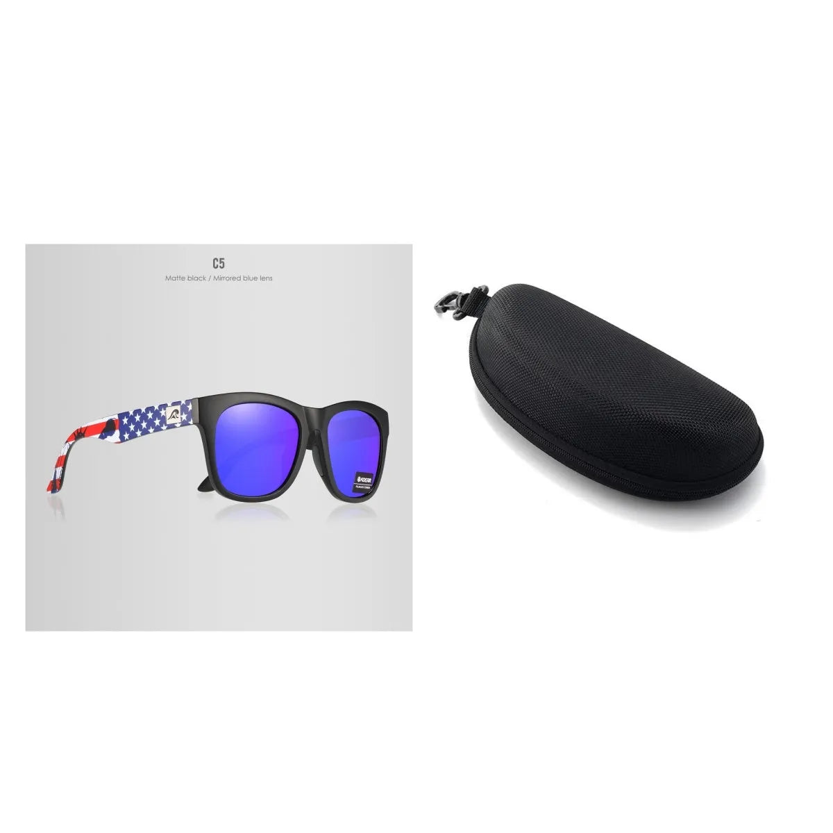 Polarised sunglasses with TAC lenses and PC frame for UV protection during outdoor activities.
