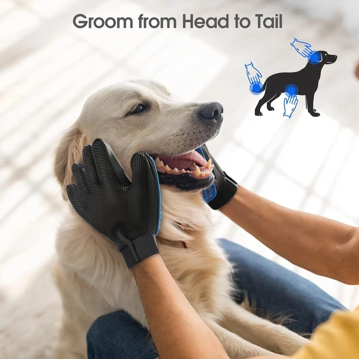 Blue silicone pet grooming gloves with multiple tips for brushing dogs, cats, or horses.