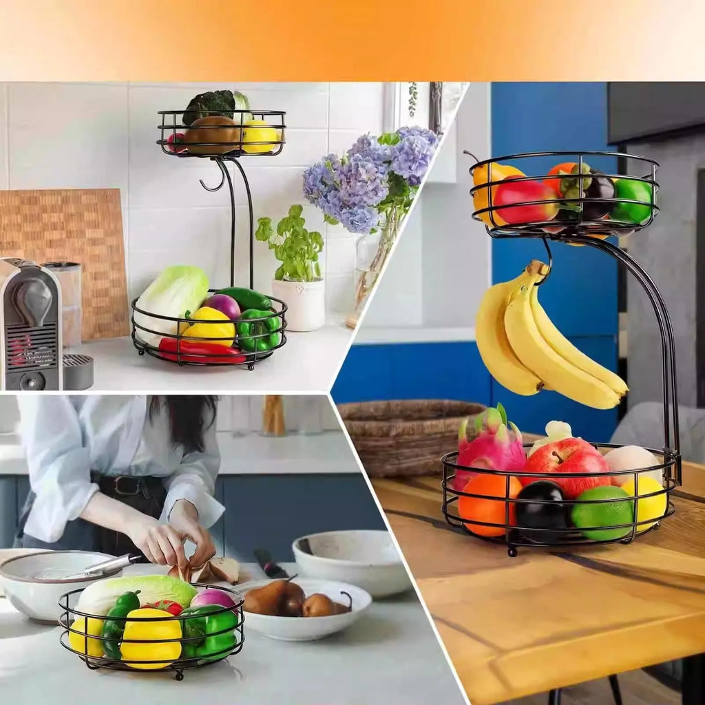 Black double-layer wrought iron fruit basket with open-weave shelves for storing produce.