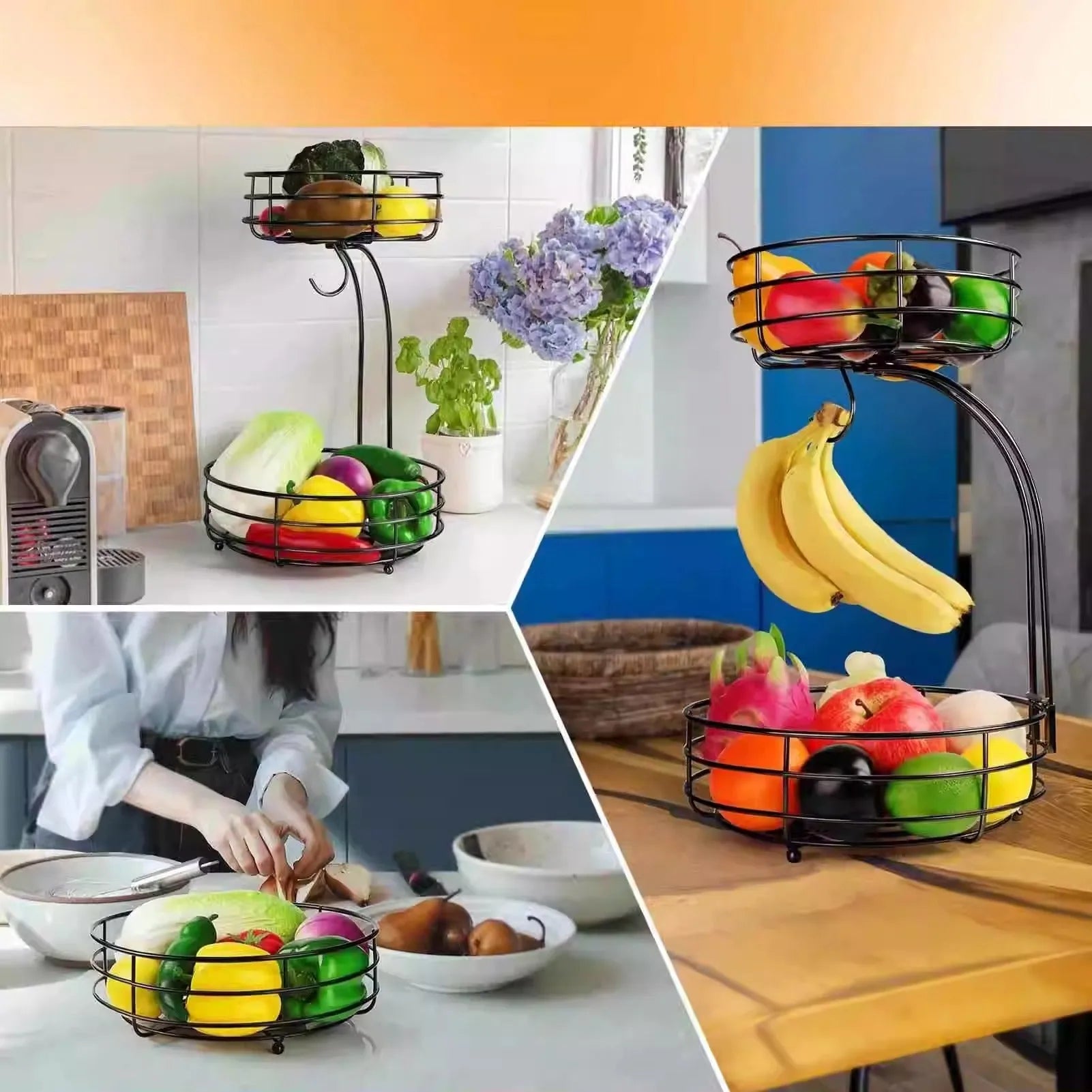 Black double-layer wrought iron fruit basket with open-weave shelves for storing produce.