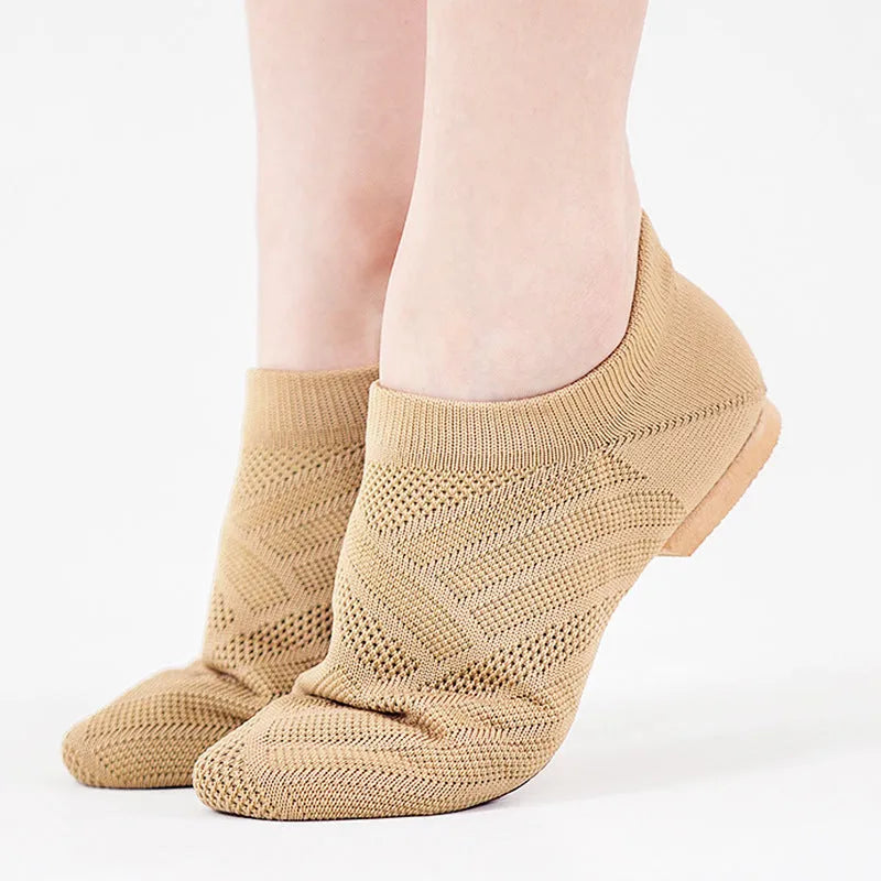 Camel coloured Latin dance shoes with cotton mesh upper and leather sole