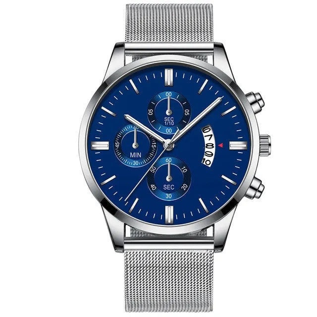 Men's stainless steel mesh band quartz watch showing analogue dial and choice of colour finishes.