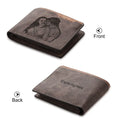 Coffee coloured engraved horizontal short wallet for men with personalised photo etching.