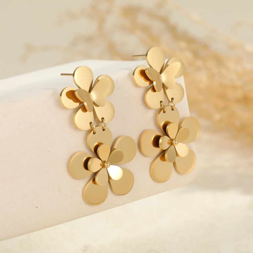 Gold floral butterfly design stainless steel earrings for women with electroplated finish