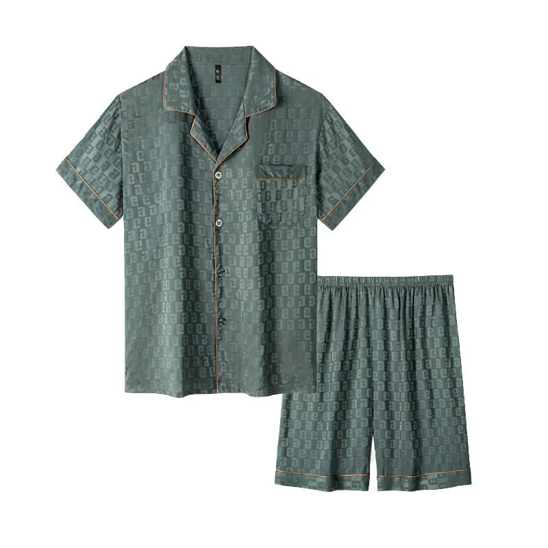 Men's lightweight ice silk pajama set in cardigan style with shorts and satin jacquard patterns