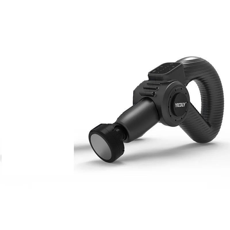 Black smart muscle massage gun with multiple attachment heads on a grey background