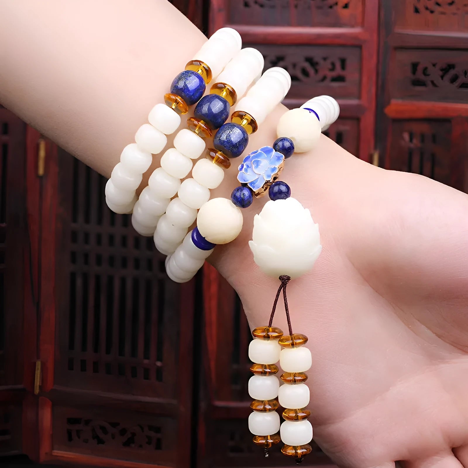 White jade Bodhi bead bracelet with 6x8mm beads in multiple design styles
