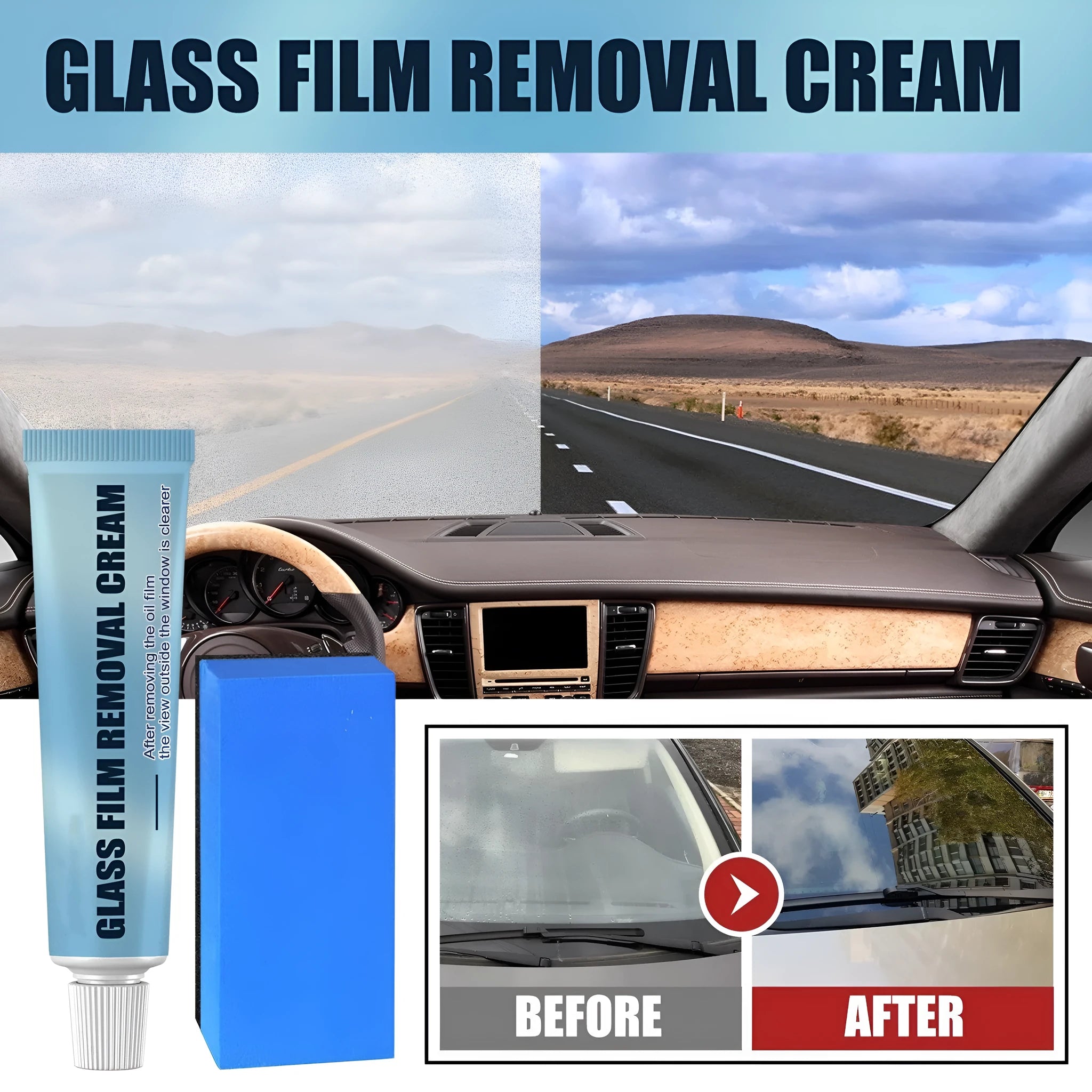 Blue car glass oil film remover tool with soft sponge applicator for windshield and window cleaning.