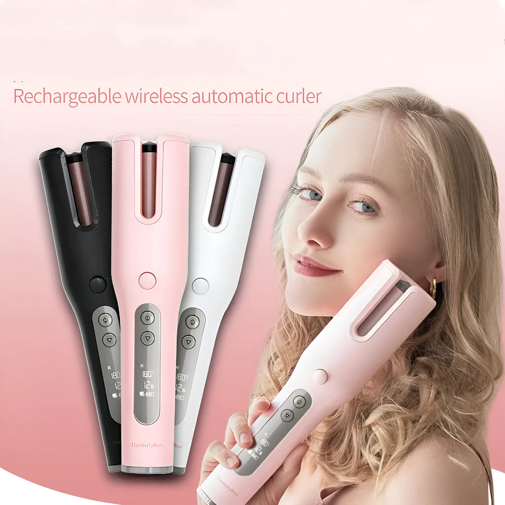 Wireless automatic hair curler with LCD screen, ceramic heating, and USB charging, in pink colour, with storage bag and clips
