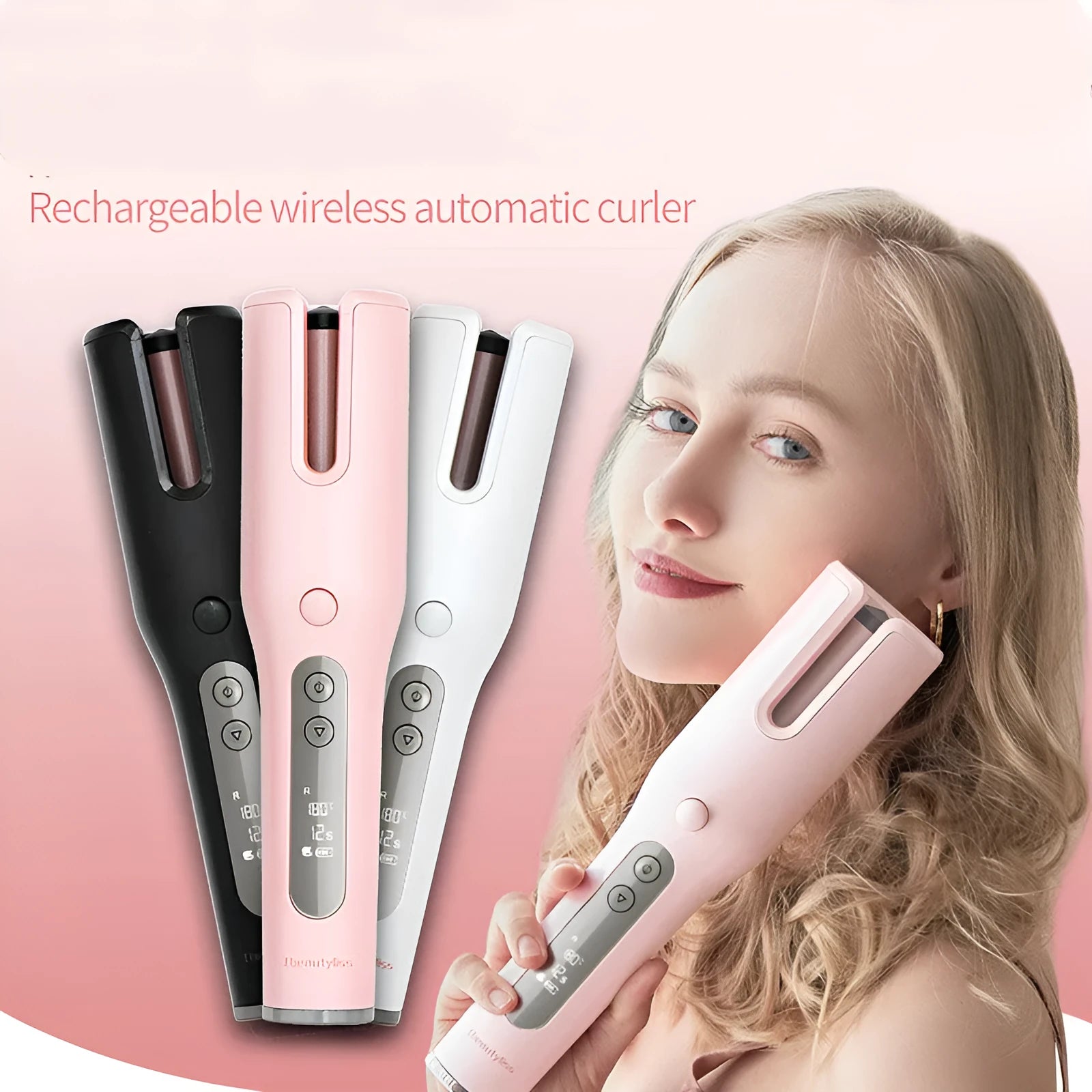 Wireless automatic hair curler with LCD screen, ceramic heating, and USB charging, in pink colour, with storage bag and clips