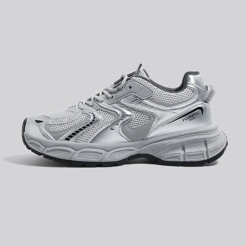 Women's grey platform casual sneakers with leather stitching detailing and 3-5cm mid-heel