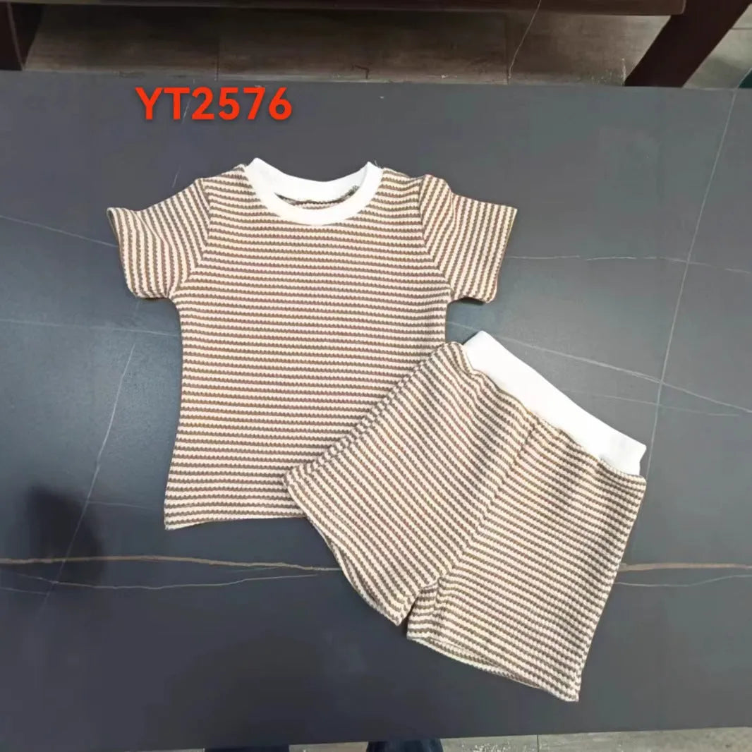 Baby and infant cotton striped short sleeve top and shorts suit in blue, green, and khaki colour options