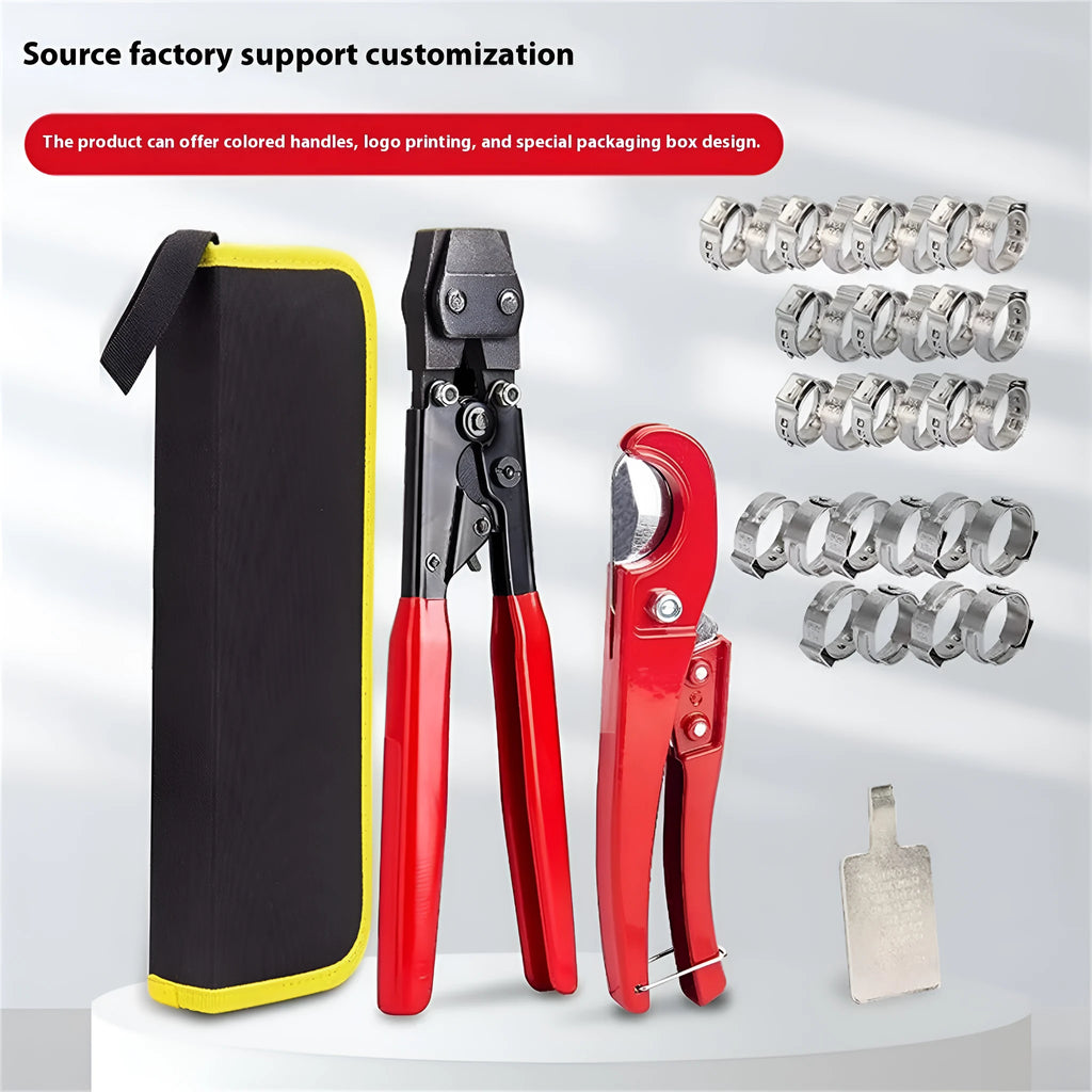 Red cloth finished single ear metal pipe clamp with carbon steel cutting edge.