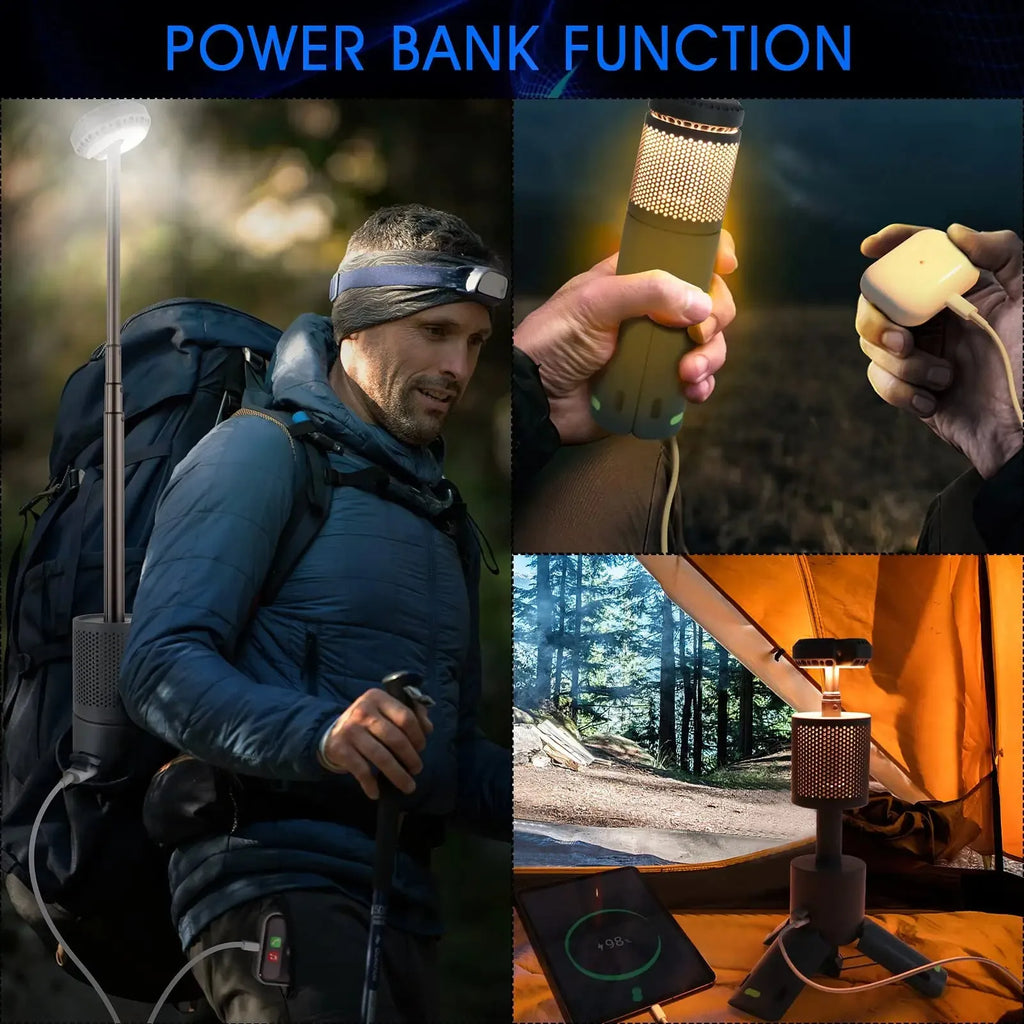 Portable LED camping lantern in off white and dark grey colour options showing button switch.