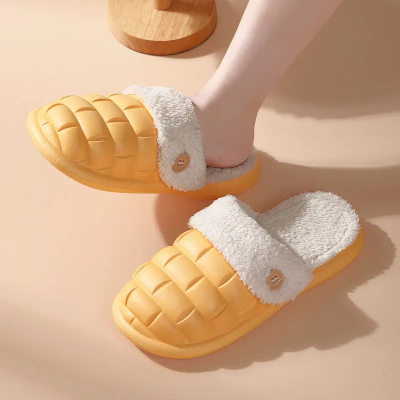 Plaid detachable EVA house slippers with plush lining, shown in assorted colours.