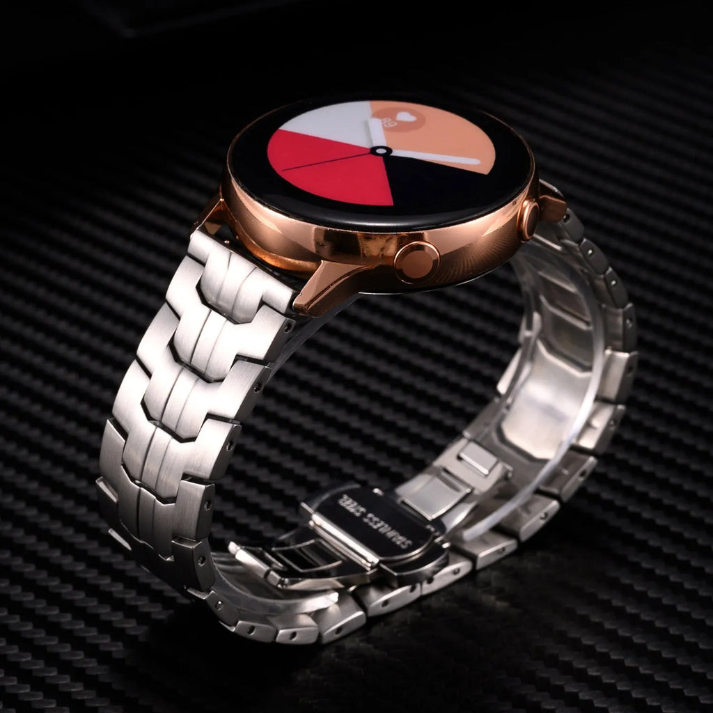 Stainless steel watch band for Samsung Galaxy Watch showing silver and black colour options