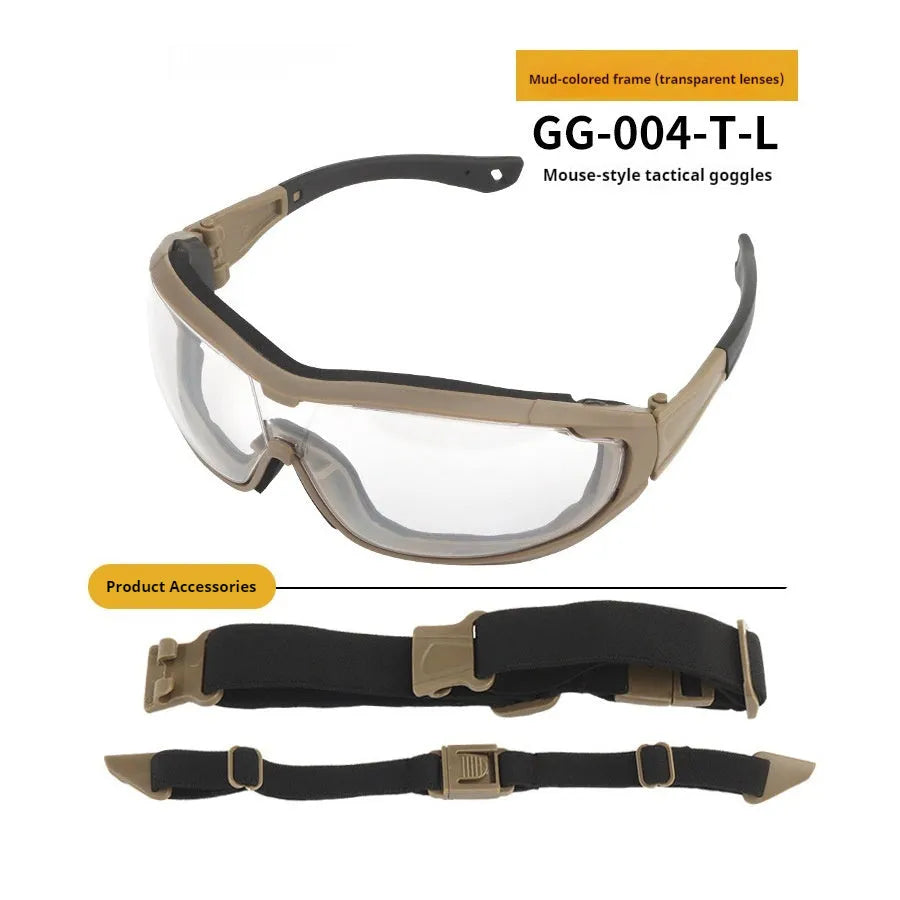Outdoor fishing sand-proof goggles with plastic full rim frame, transparent lens, sports style, available in black mud army colour