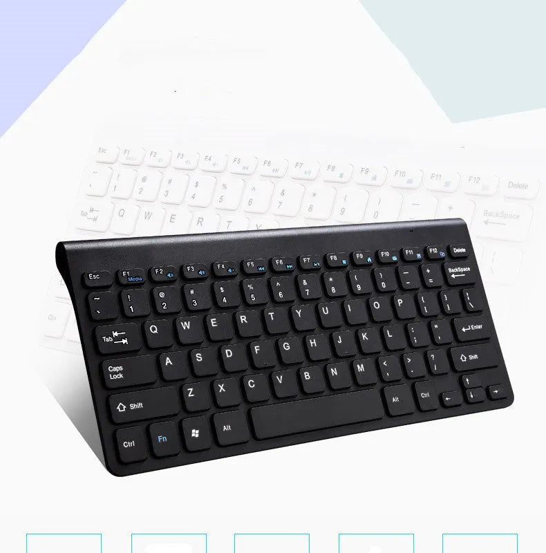 Black and white wireless keyboard and mouse set on wooden desk with 2.4GHz USB receiver