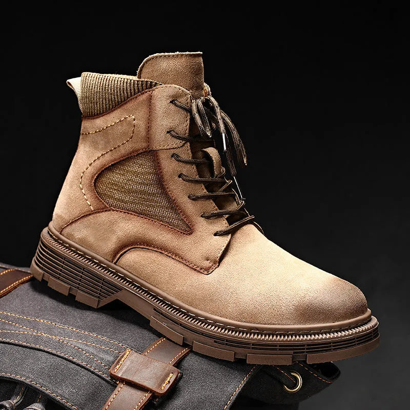 Men's vintage Martin boots in black with round toe, thick low heel, and rubber sole.