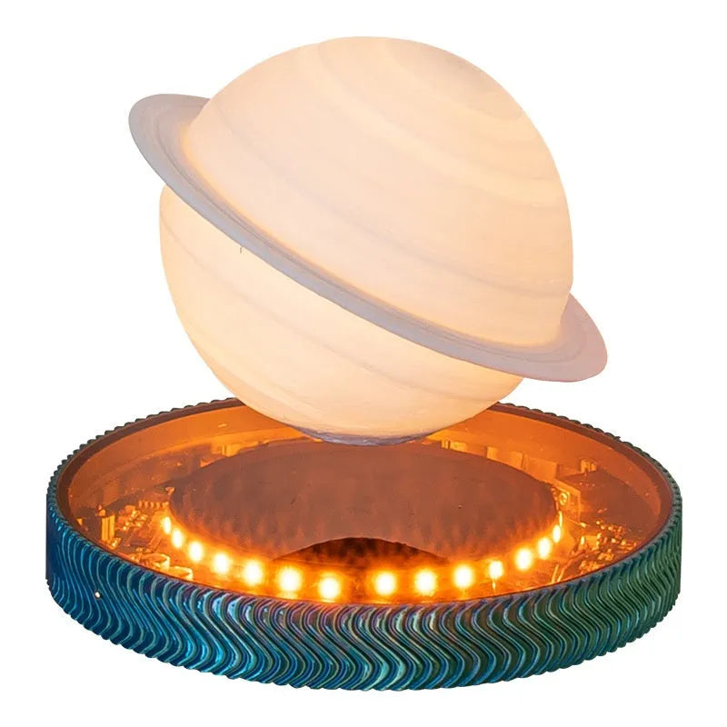 Magnetic suspension moon lamp floating above base with 3D printed celestial design