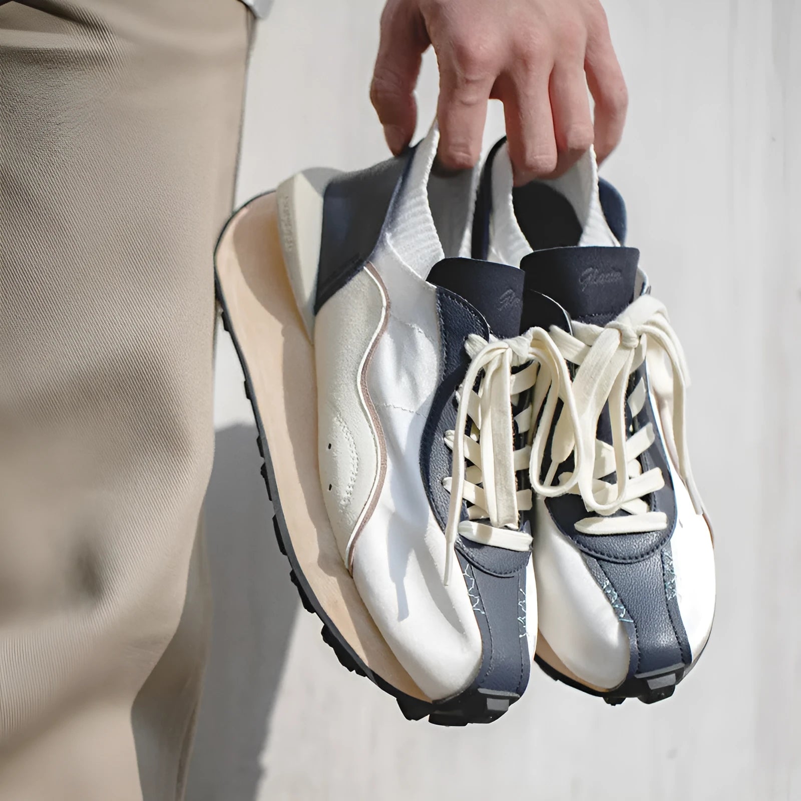 Men's retro casual running shoes with round toe, white blue colour, rubber sole, and front tie closure
