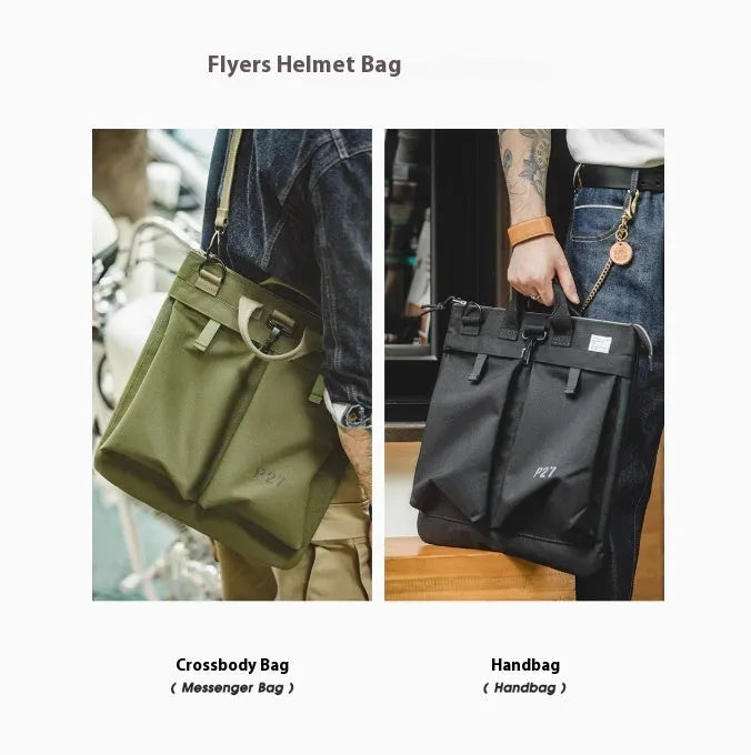 Marden Tooling charcoal black canvas messenger bag with crossbody strap, shown open to reveal laptop compartment.