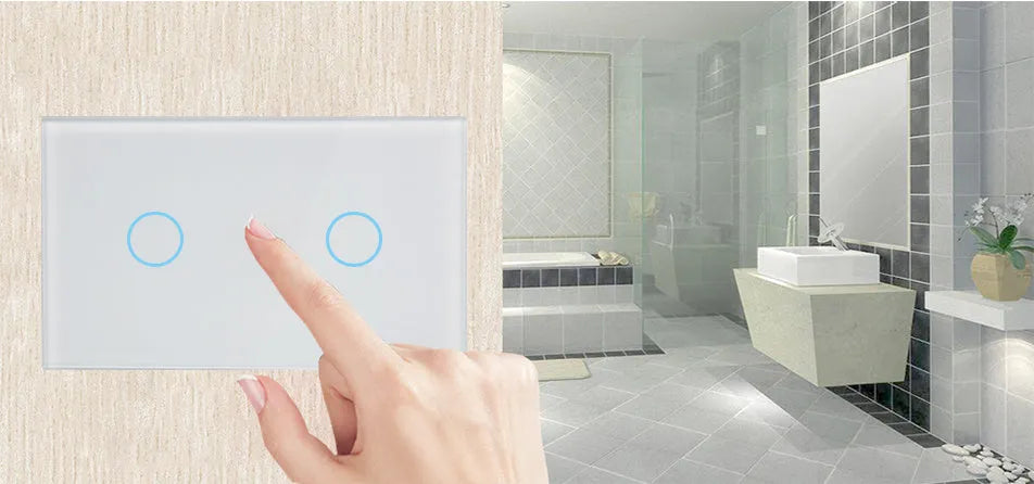 2-gang wireless RF remote touch light switch with tempered glass panel in black, white, or gold