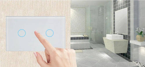 2-gang wireless RF remote touch light switch with tempered glass panel in black, white, or gold