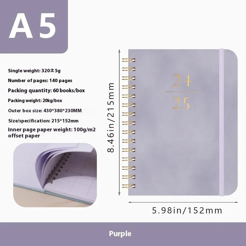 A5 size PU leather notebook with metal coil binding in various colours for 2024 and 2025.