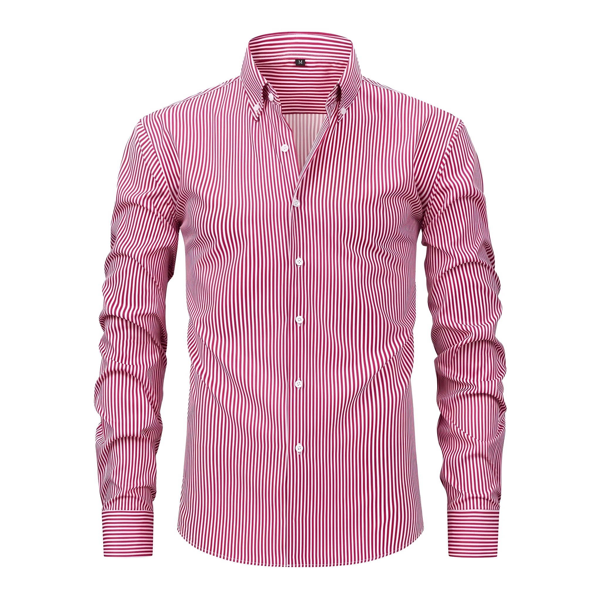 Man wearing striped long-sleeved business shirt with lapel collar in non-ironing fabric
