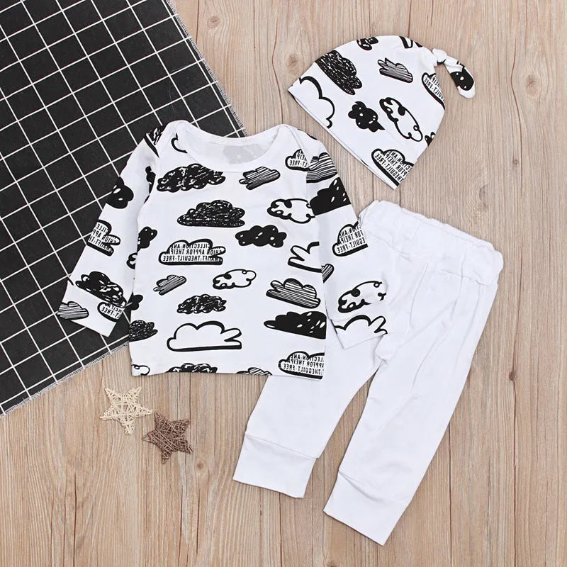 Three-piece white boys' pants suit with long sleeves, non-hooded, for spring and autumn, size 80cm