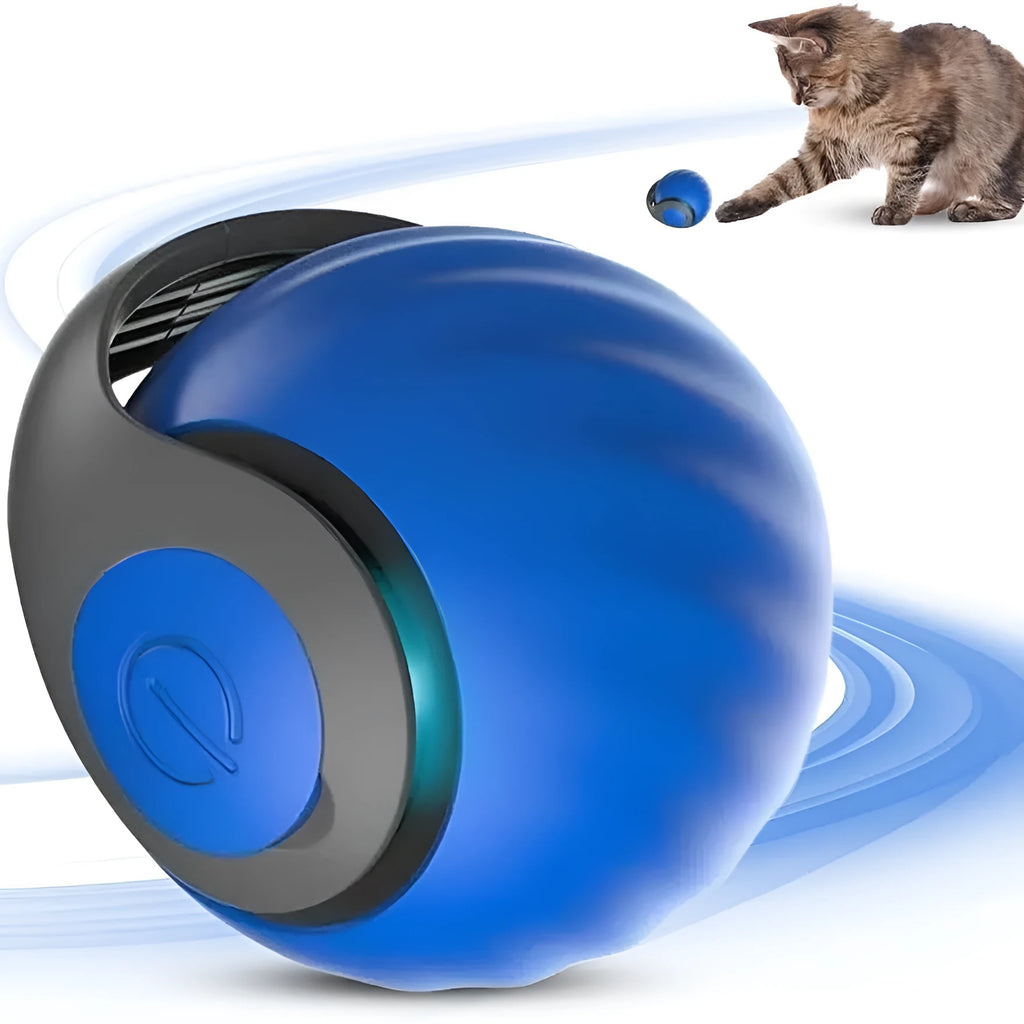 Self-moving cat toy ball in blue on a floor with a cat pawing at it