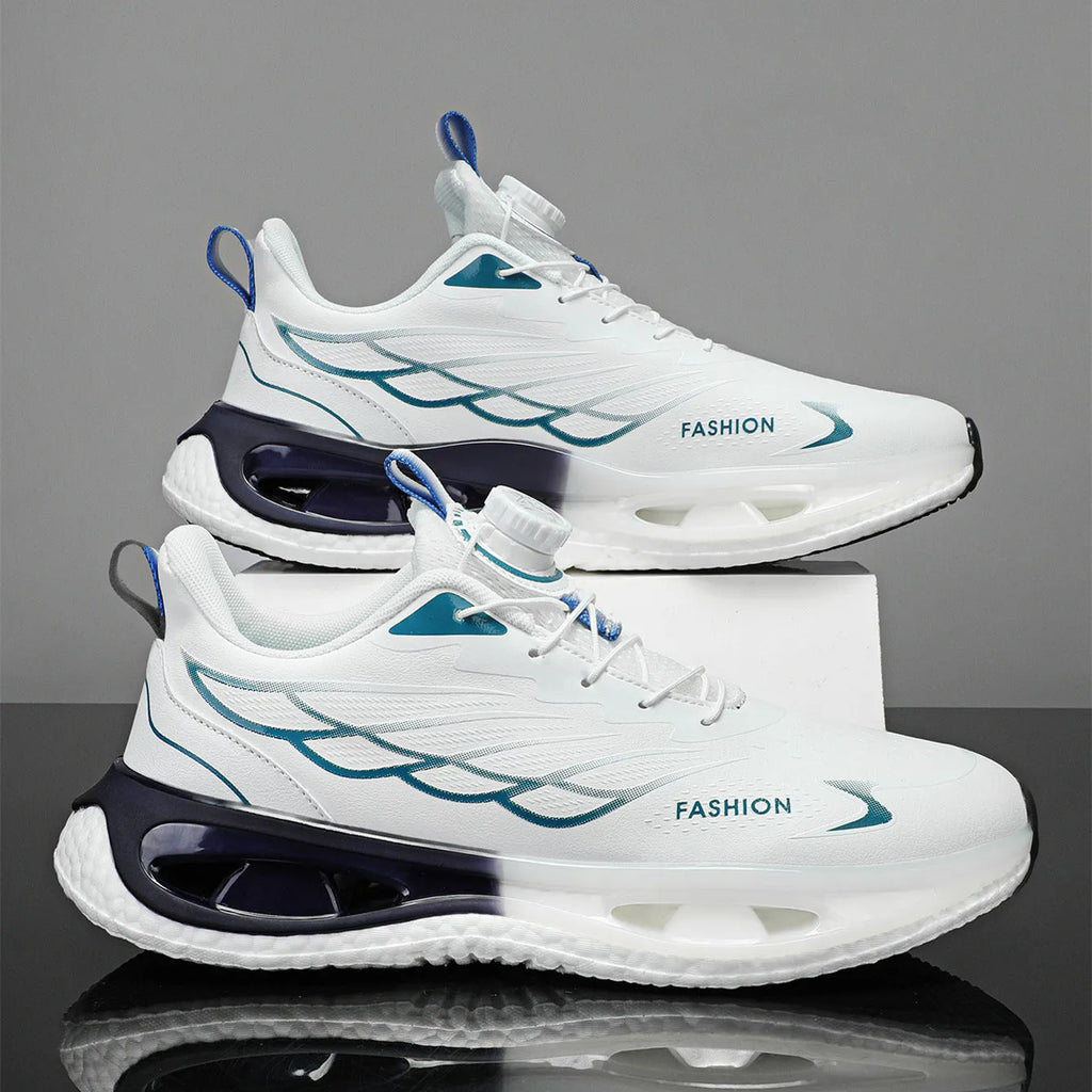 Youth casual sneaker with rotating button closure in light blue mesh and a non-slip rubber sole