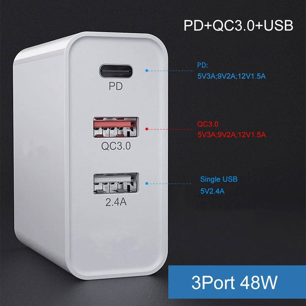 White multi-port fast charger with PD and QC support showing UK plug configuration