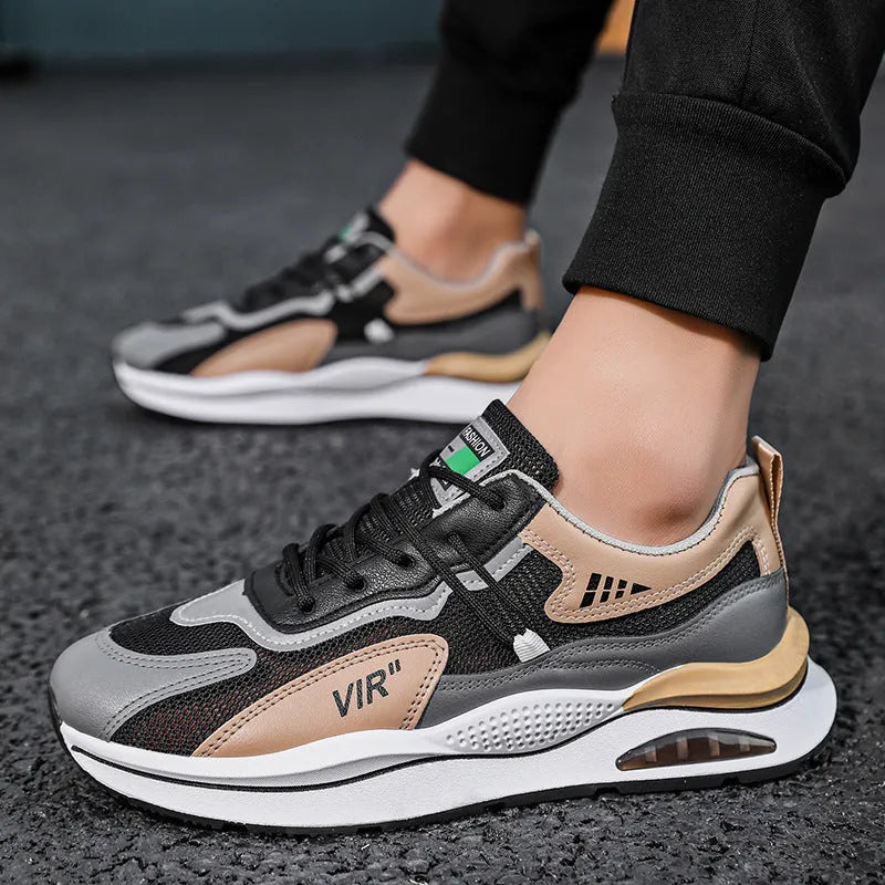 Men's grey and black mesh running shoes with round toe and lightweight EVA sole for summer jogging
