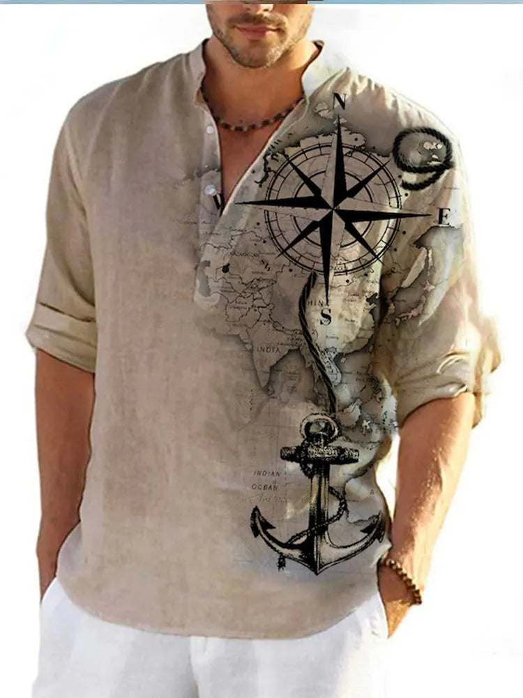 Men's thin Hawaiian long sleeve shirt in digital bamboo linen stripe pattern