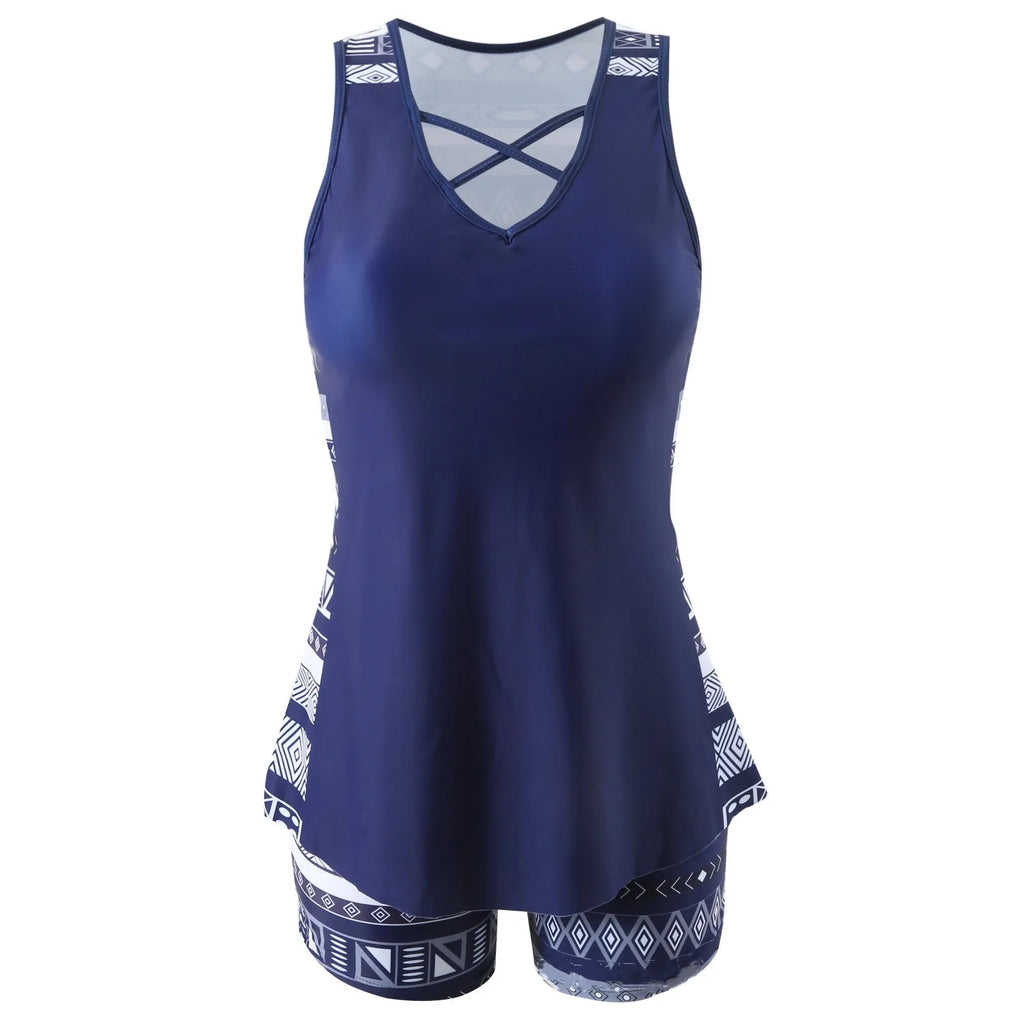 Women's polyester sleeveless conservative split swimsuit with hollow detailing in split swimsuit colour, available in sizes S M L XL XXL