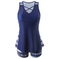 Women's polyester sleeveless conservative split swimsuit with hollow detailing in split swimsuit colour, available in sizes S M L XL XXL