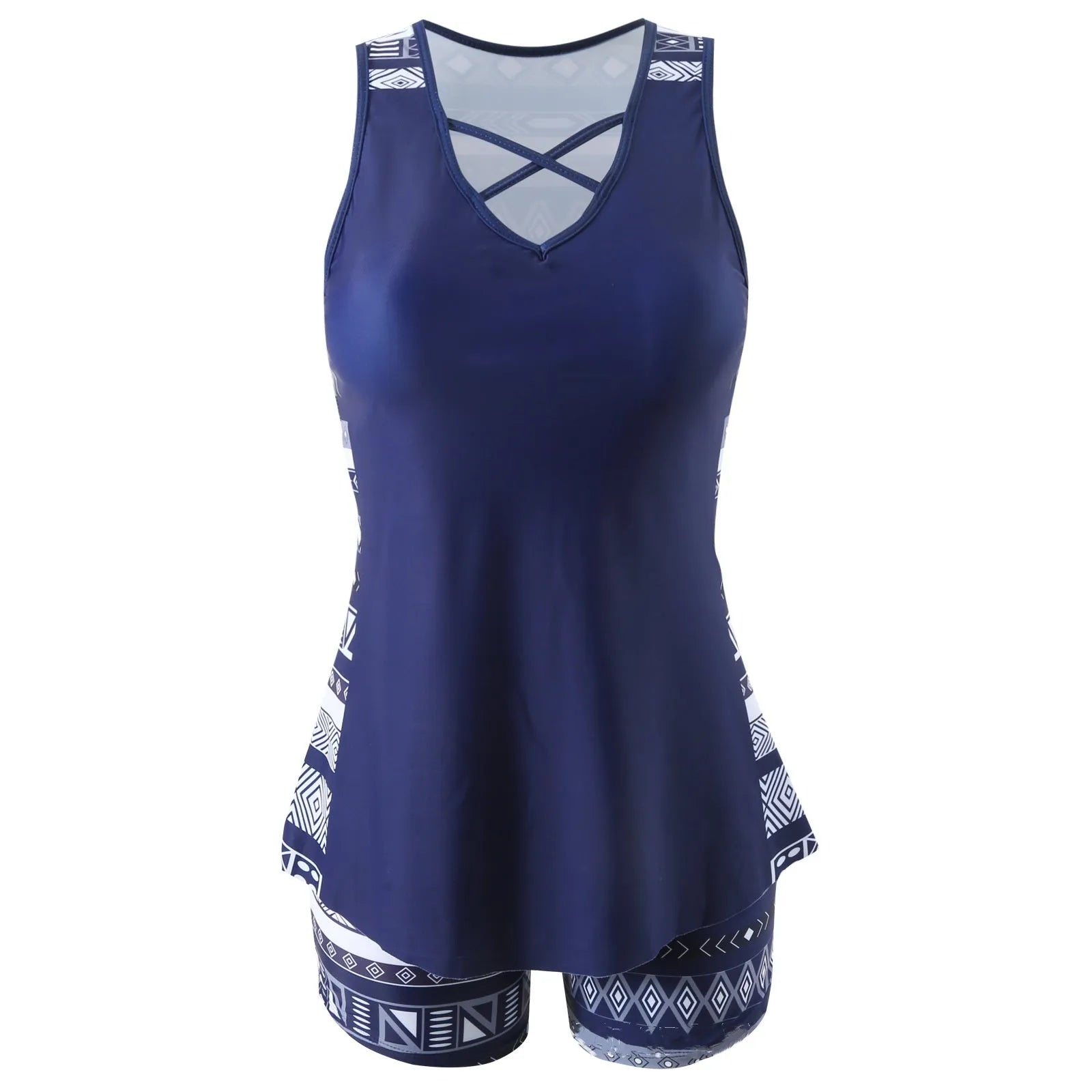 Women's polyester sleeveless conservative split swimsuit with hollow detailing in split swimsuit colour, available in sizes S M L XL XXL