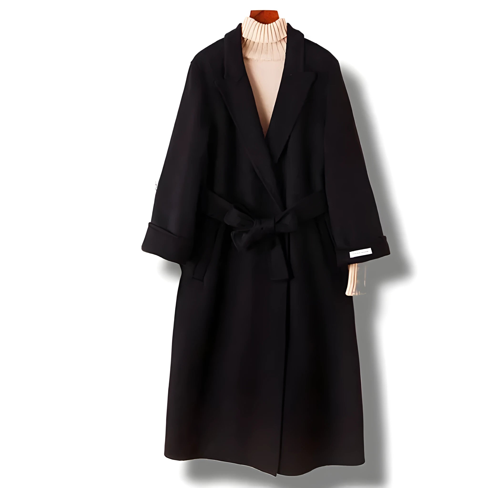 Men's wool coat with long suit-style collar in black or caramel colour